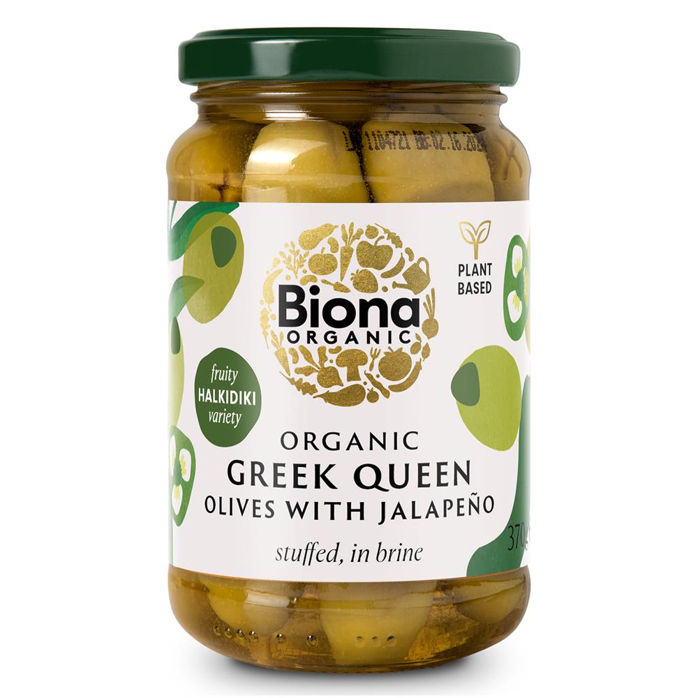 Biona Organic Greek Queen Olives with Jalapeno 370g