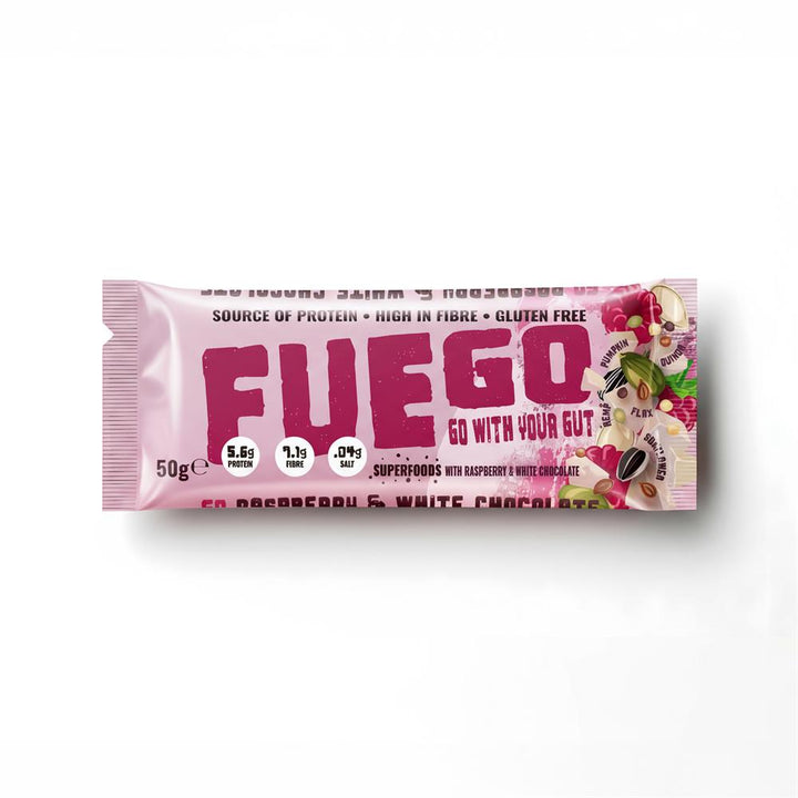 FUEGO Raspberry & White Choc Gut Health Bar 50g