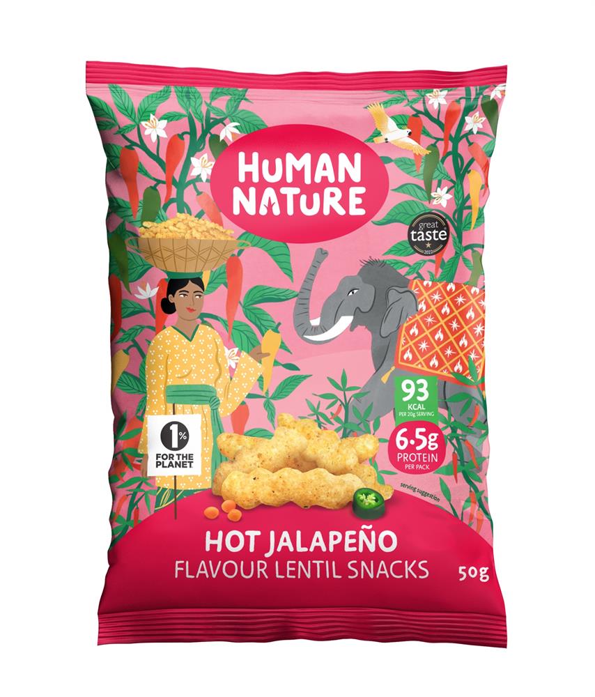 Human Nature Hot jalapeno and Lime Flavour Lentil Snacks 50g