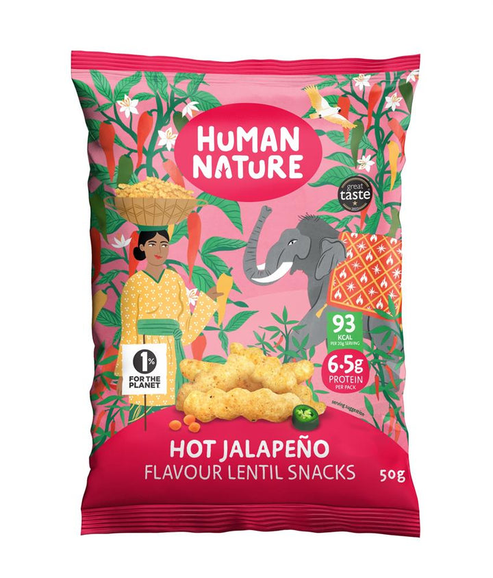 Human Nature Hot jalapeno and Lime Flavour Lentil Snacks 50g