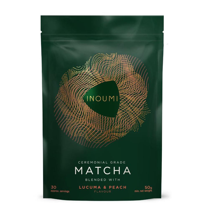 Japanese matcha with lucuma & peach No added sugar. 50g pouch.