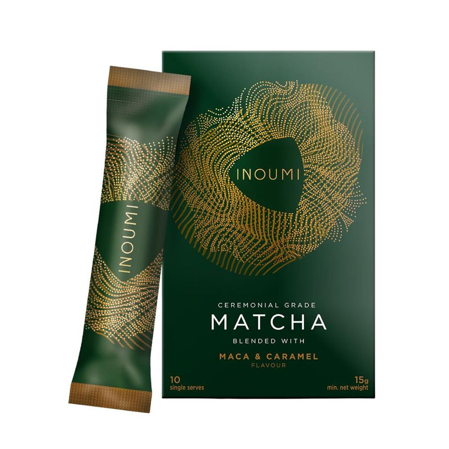 Japanese matcha with maca & caramel. 10 compostable sachets.