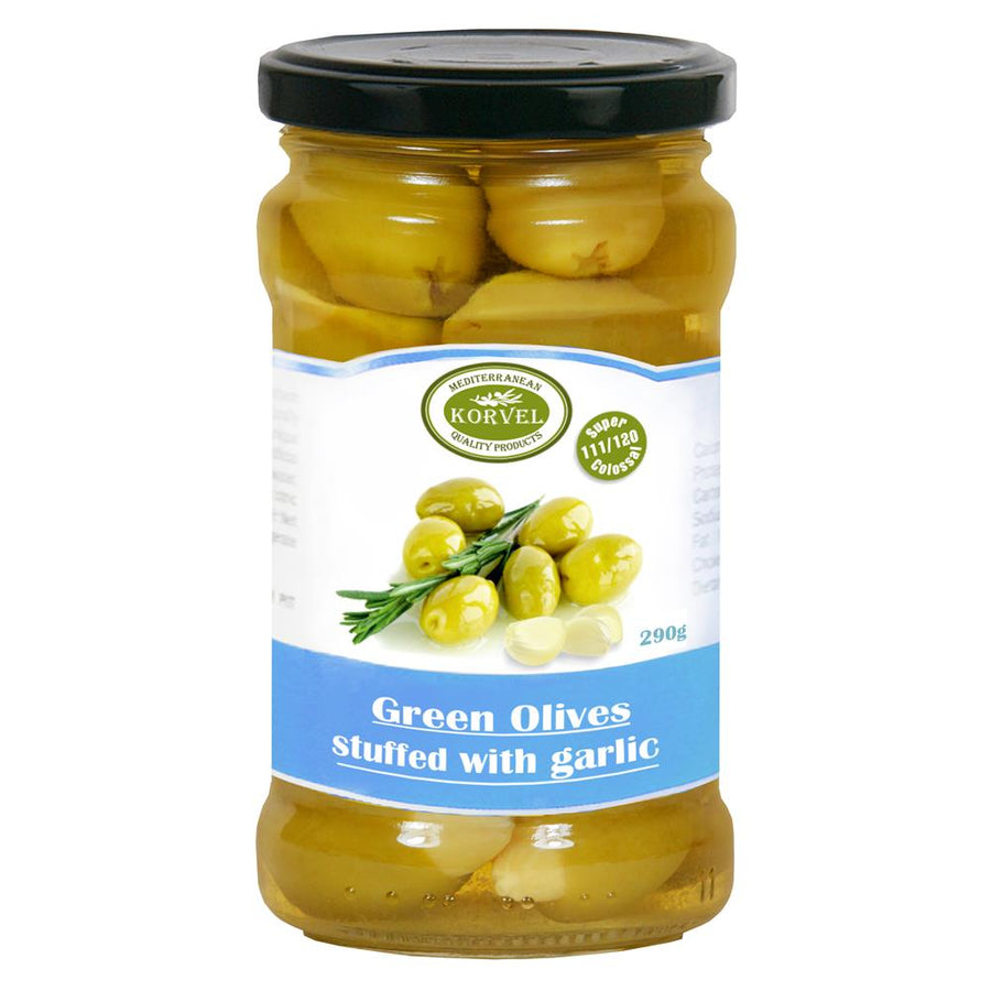 Korvel Greek Garlic Stuffed Olives Super Colossal 290g