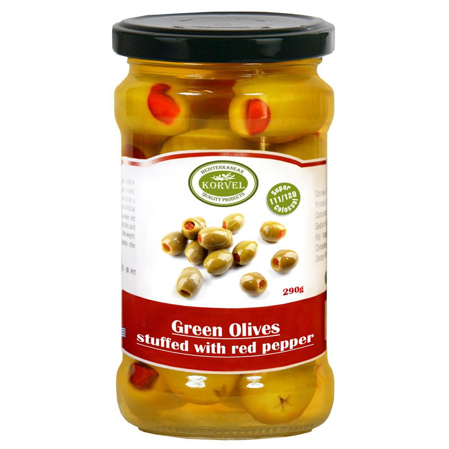 Korvel Greek Red Pepper Stuffed Olives Super Colossal 290g
