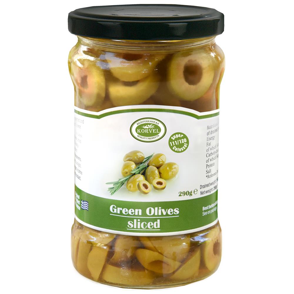Korvel Greek Green Olives Sliced Super Colossal 290g
