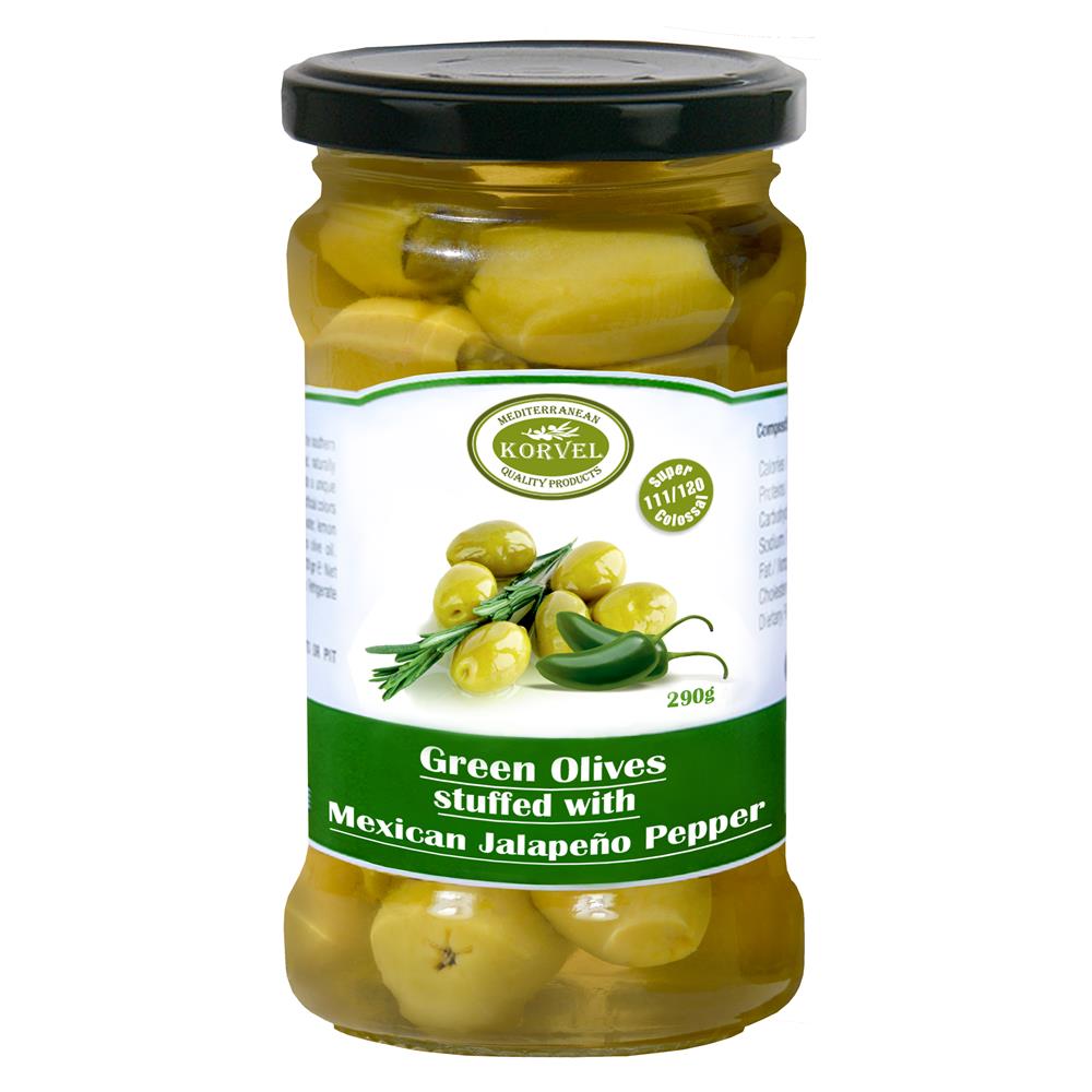 Korvel Greek Jalapeno Stuffed Olives Super Colossal 290g
