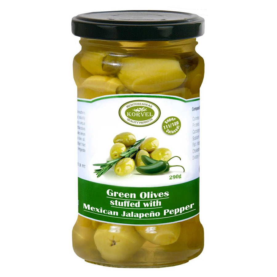 Korvel Greek Jalapeno Stuffed Olives Super Colossal 290g