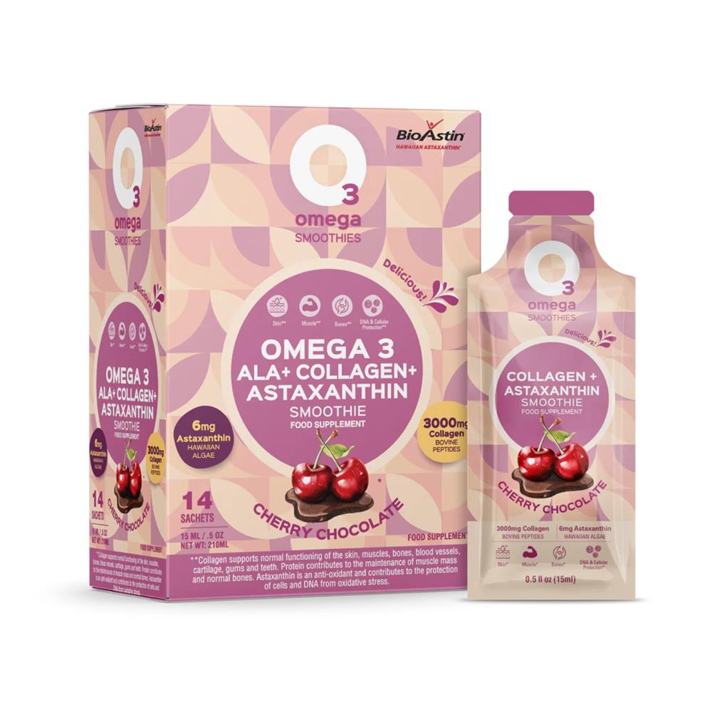 O3Omega CherryChoc Smoothie Supplement - box of 14 pouches