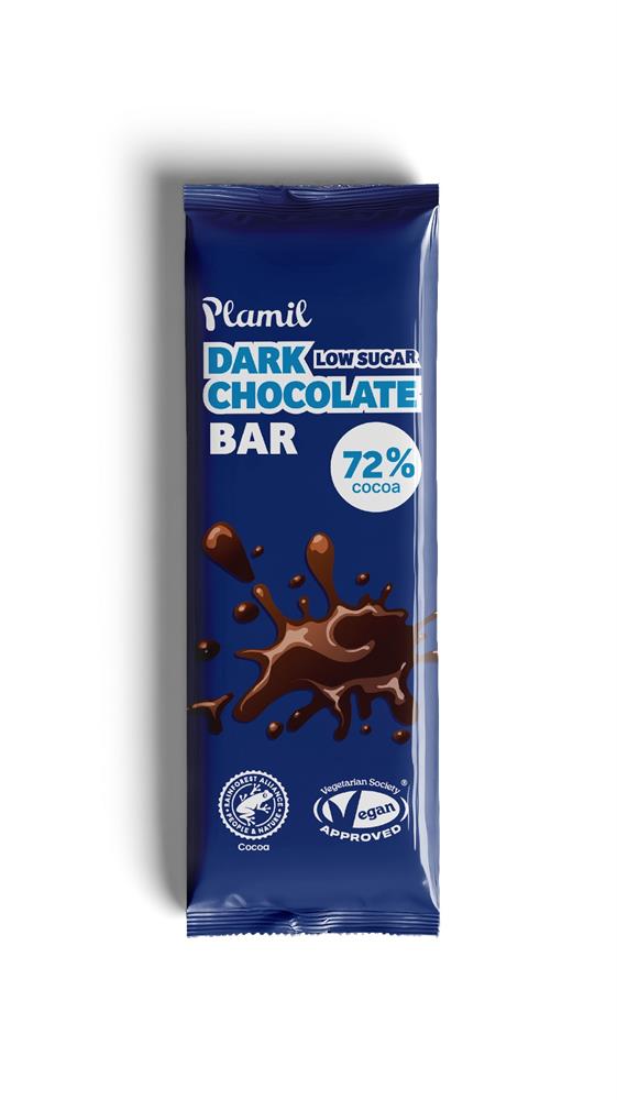 A low sugar rich dark intense 72% Cocoa Chocolate Bar 40g