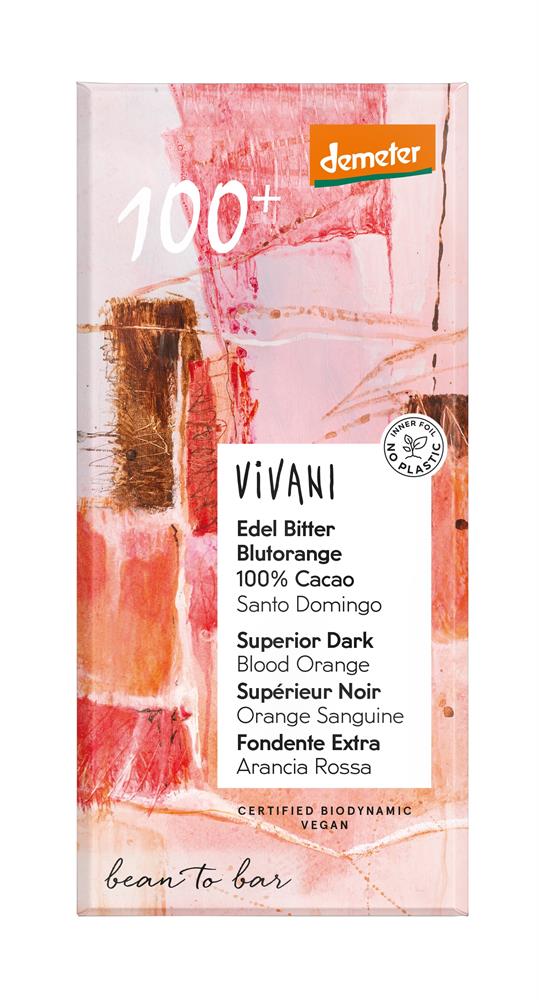 Vivani 100% Cocoa Chocolate w Blood Orange Vegan Organic 90g