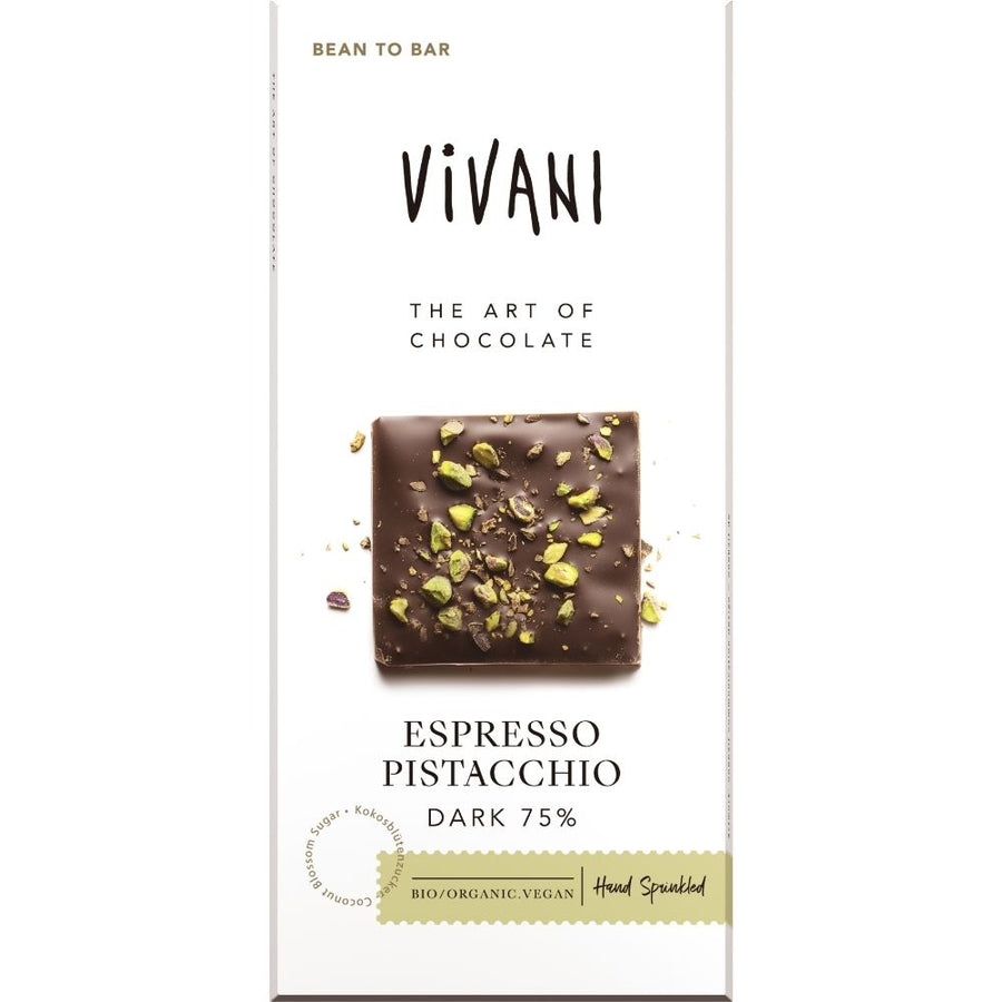 Vivani Espresso Pistacchio Dark 75% Chocolate Vegan Organic 80g