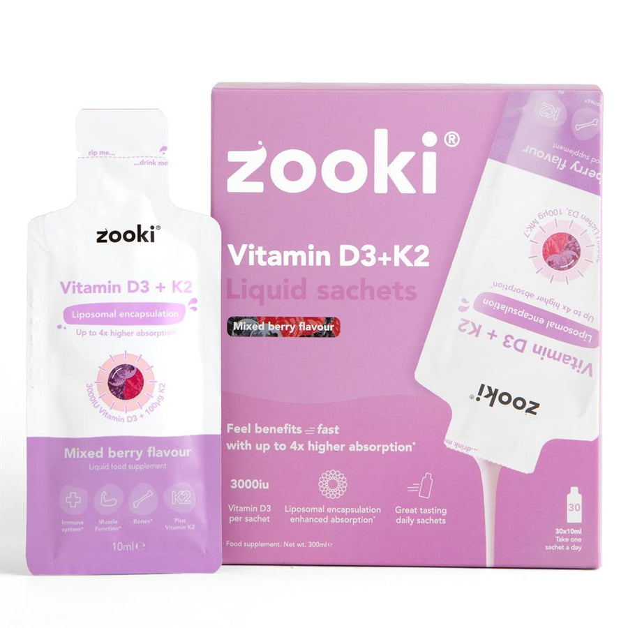 Zooki Vitamin D3 + K2 3000iu Berry 30 Sachets Box Liposomal