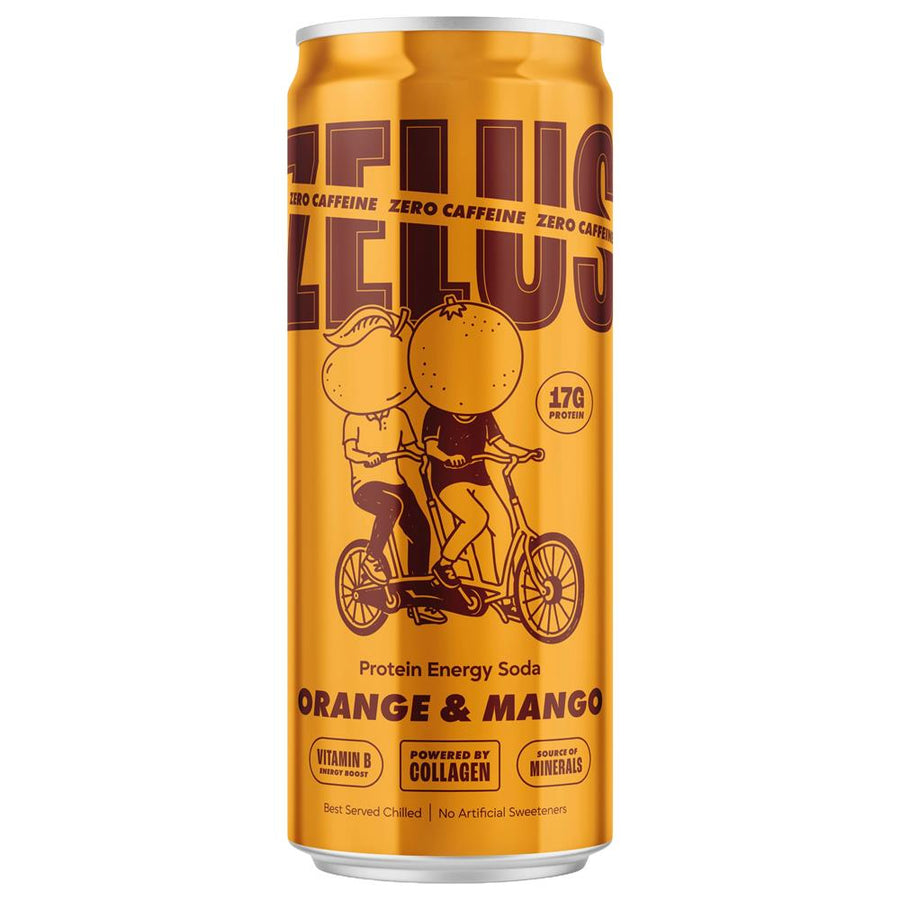 ZELUS Orange & Mango ZERO Protein Energy Soda 330ml.