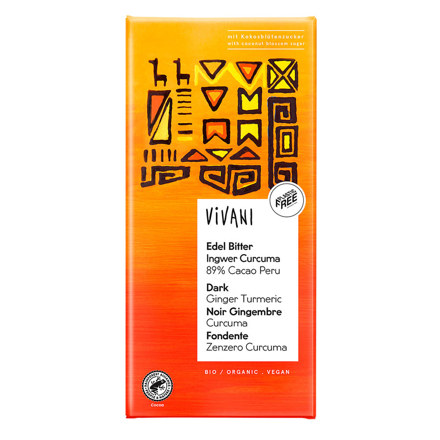 Vivani Organic Dark Ginger Turmeric 89% Chocolate 80g - Pack of 5