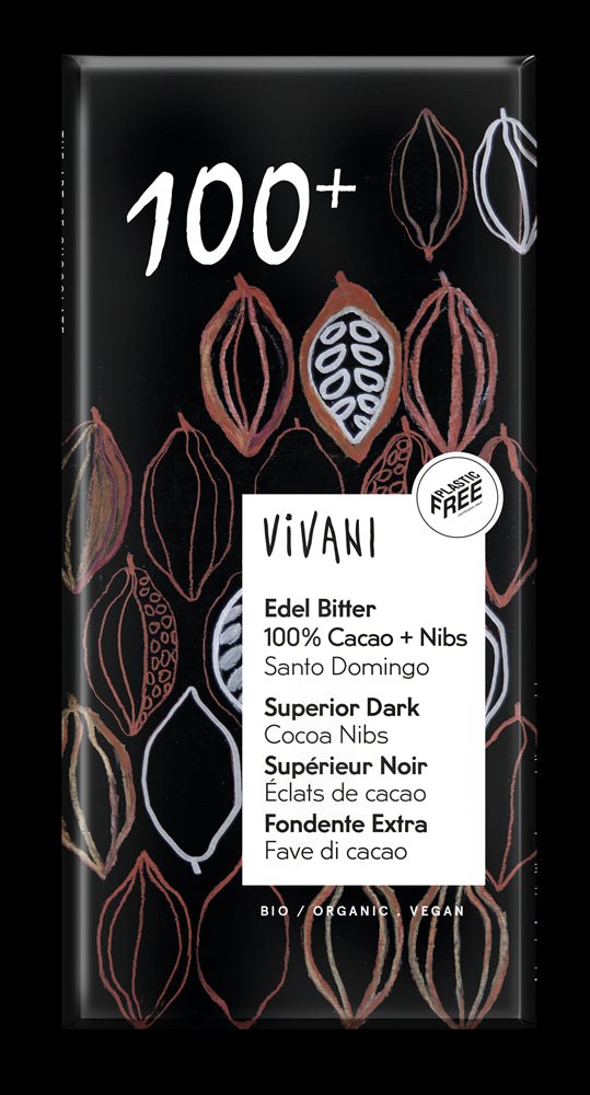 Vivani Organic Vegan Superior Dark 100% With Cocoa Nibs Chocolate 80g - Pack of 5