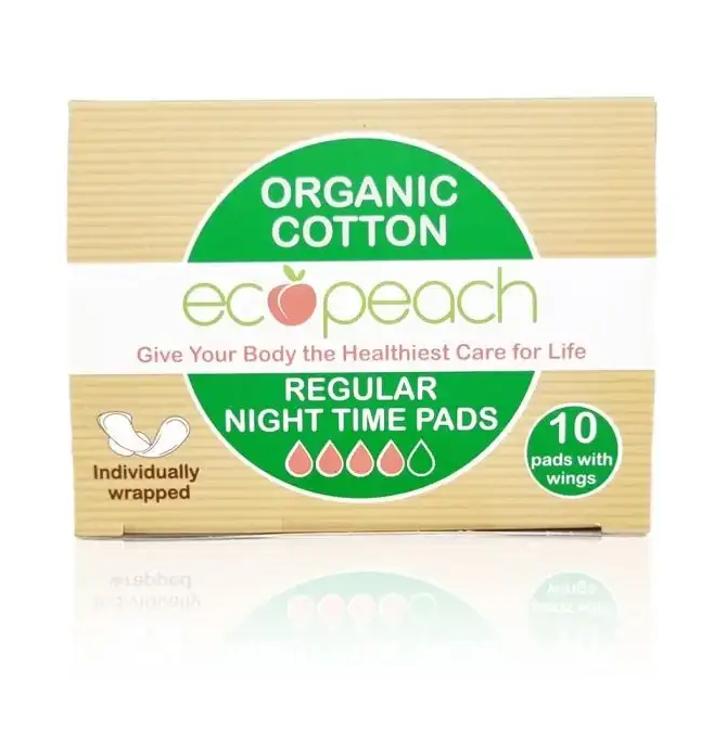 Ecopeach Organic Regular Cotton Night Time Pads -10 Pieces - Pack of 2