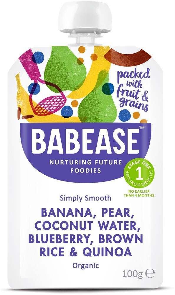 Babease Organic Banana, Pear & Blueberry with Brown Rice 100g - Stage 1 - Box of 8