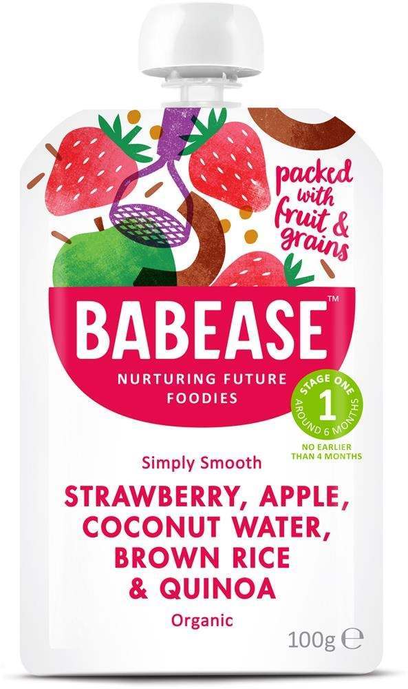 Babease Organic Strawberry, Apple, Coconut Water, Brown Rice & Quinoa 100g - Stage 1 - Box of 8