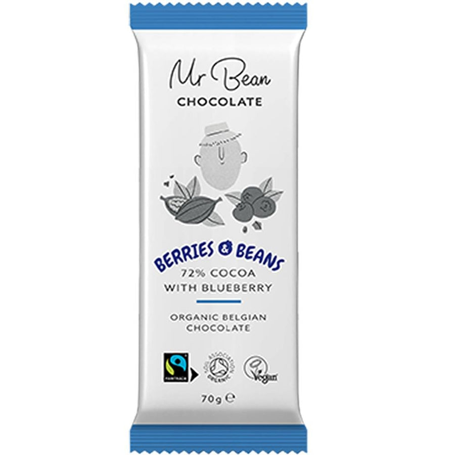 Mr Bean Organic 72% Dark Belgian Chocolate with Blueberry 70g