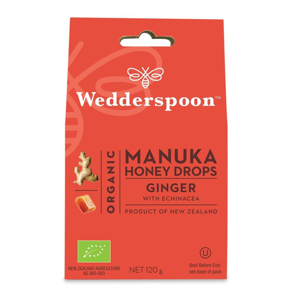 Wedderspoon Organic Manuka Honey Drops Ginger with Echinacea 120g